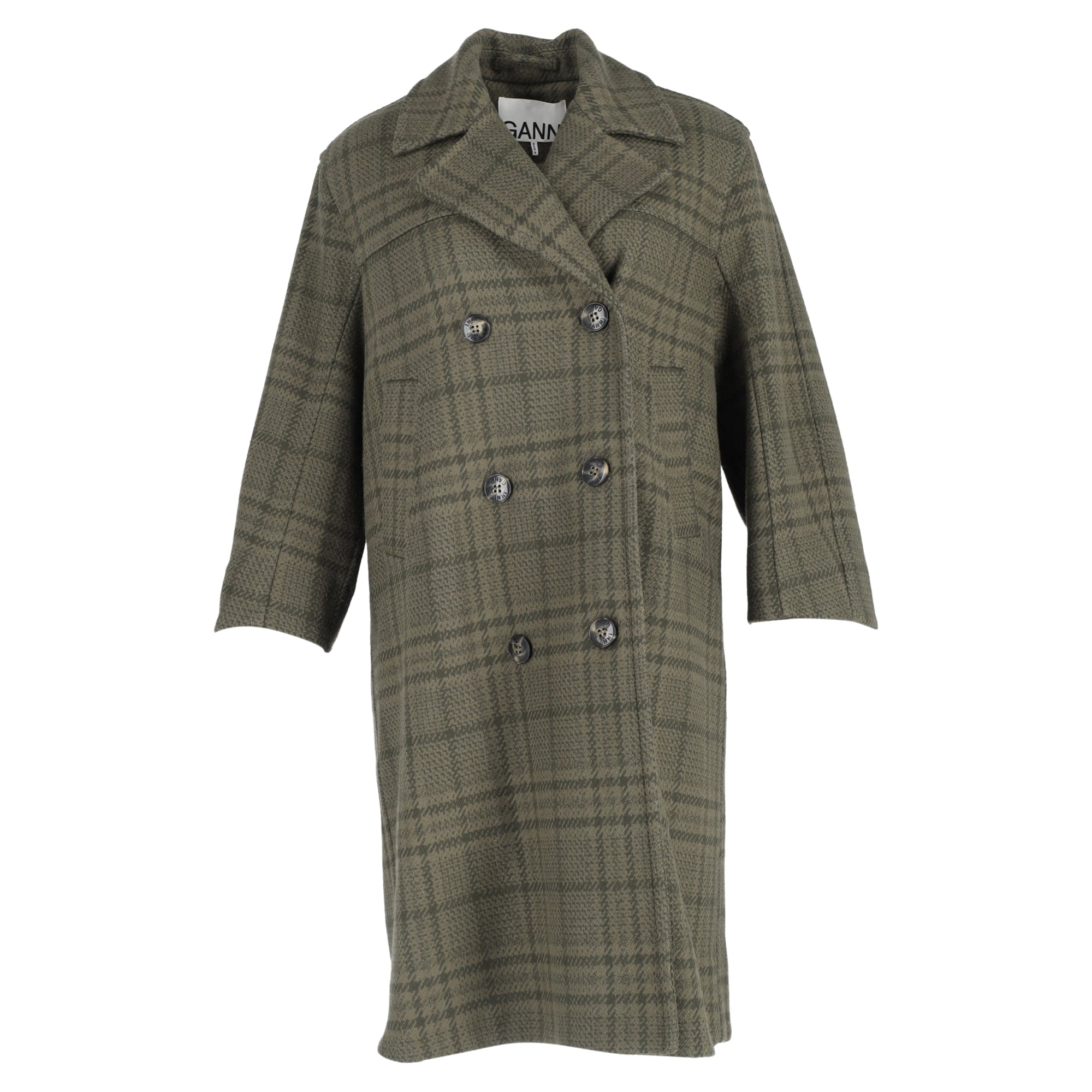 Ganni Double-Breasted Checked Coat in Green Wool