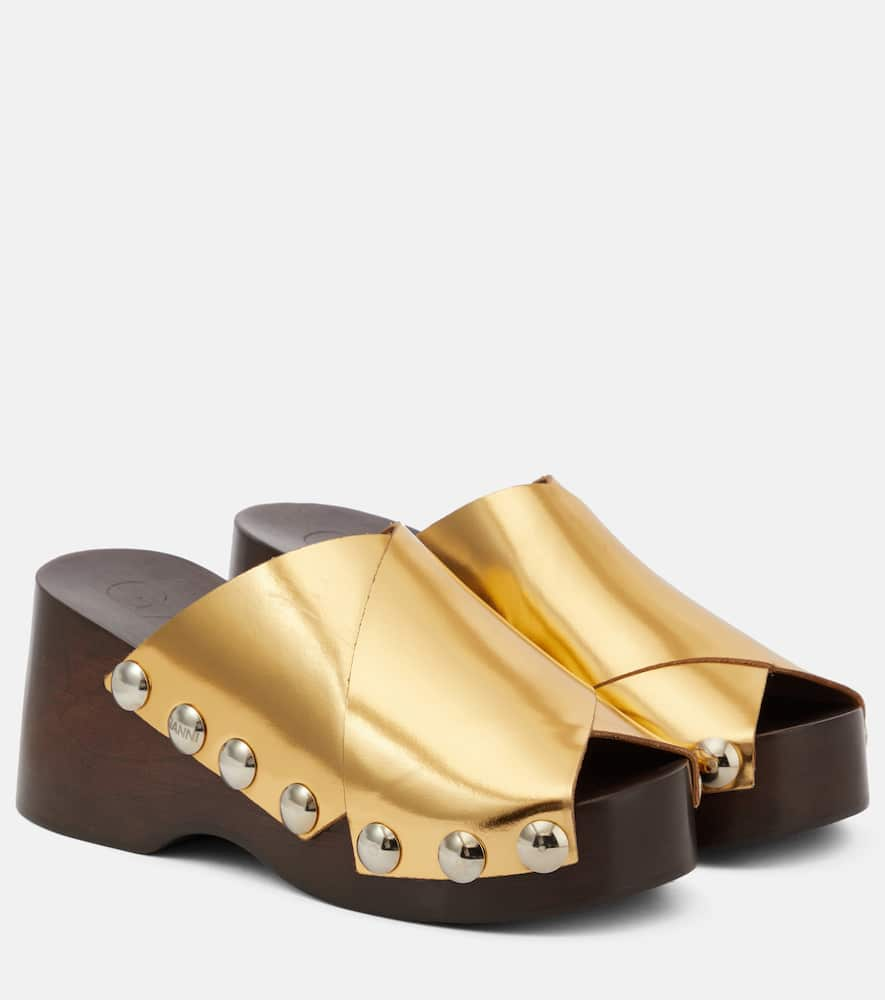 Ganni Embellished metallic leather clogs