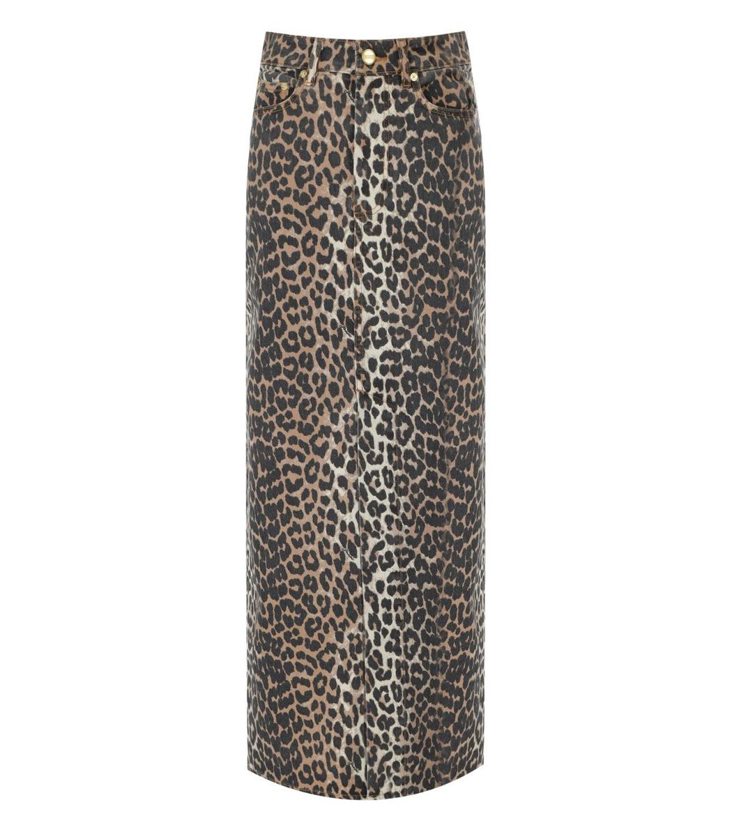 Ganni Long Denim Skirt With Leopard Print