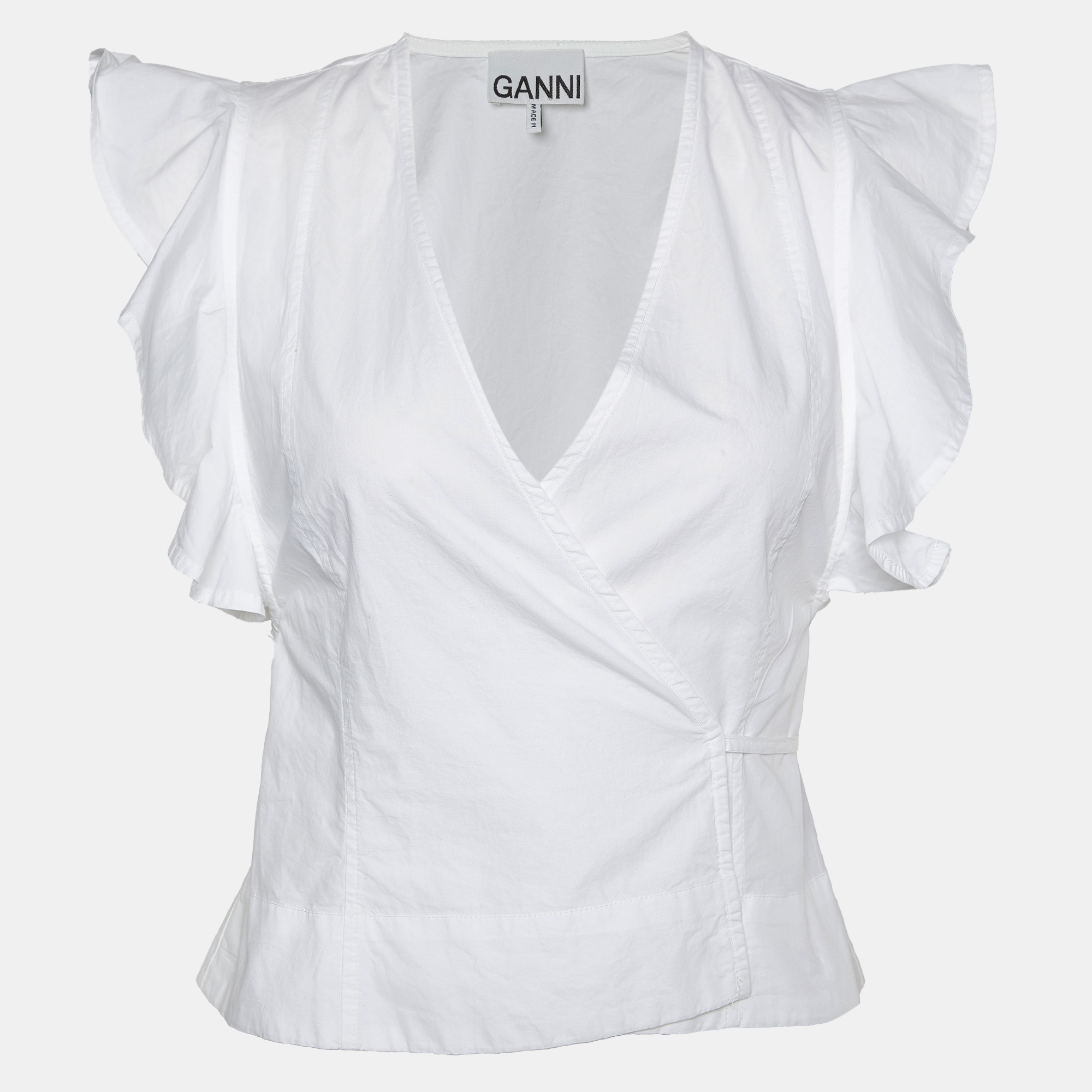 Ganni White Cotton Cap Sleeves Wrap Top XXS