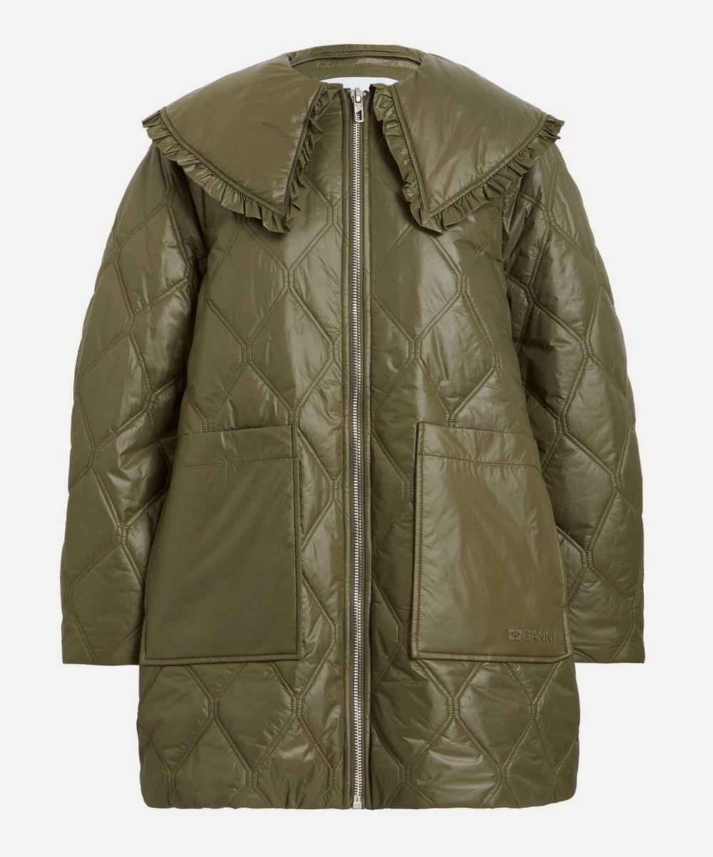 Ganni Women's Green Shiny Quilt Coat Olive XXS-XS