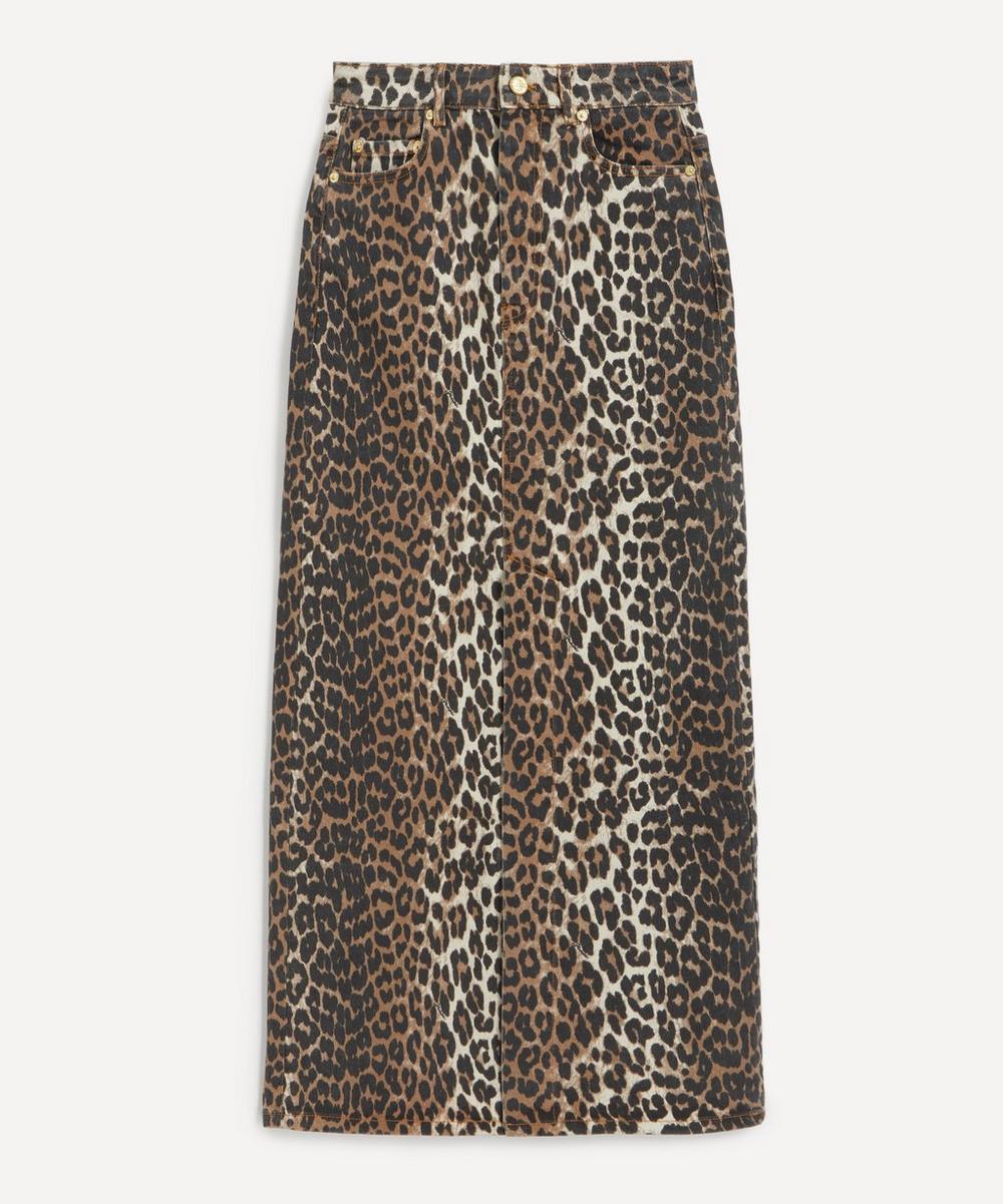 Ganni Women's Leopard Denim Maxi Slit Skirt 6