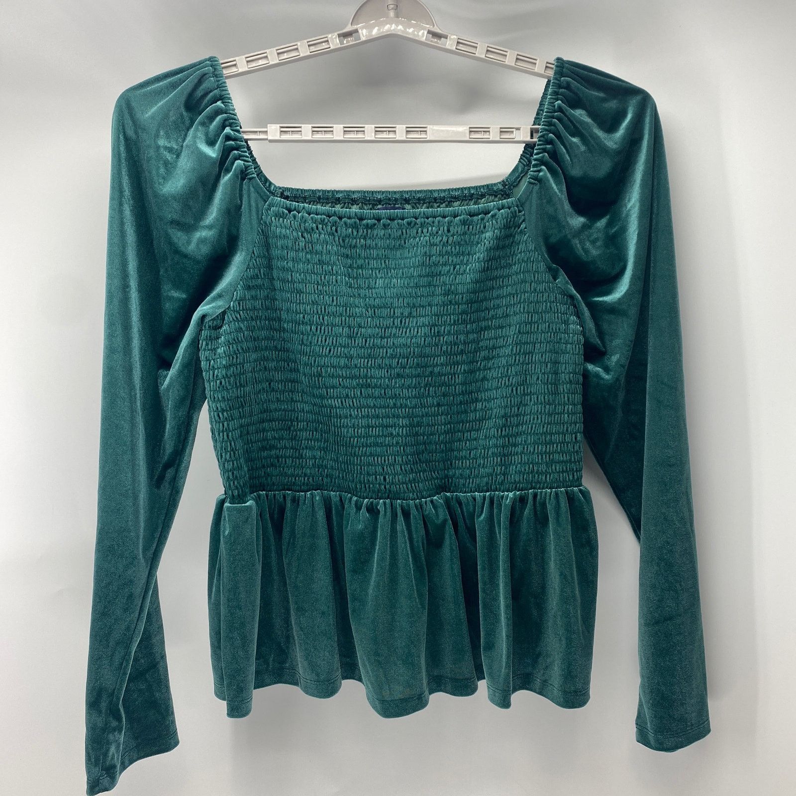 Gap Long Sleeve Velvet Smocked Peplum Top Green Size Xlt, Women's