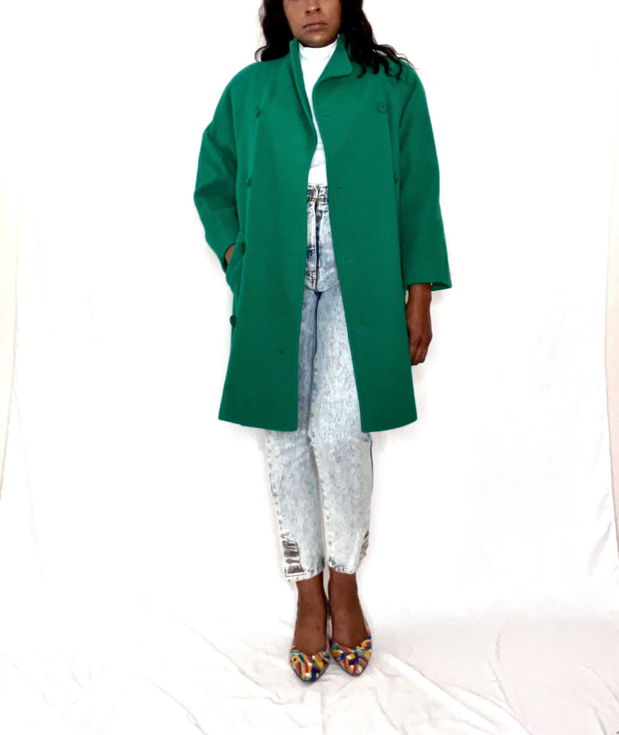 Garfinkel's 1980S 100% Pure Wool Lucky Winnee Shamrock Green Car Coat Pea Overcoat Size Large