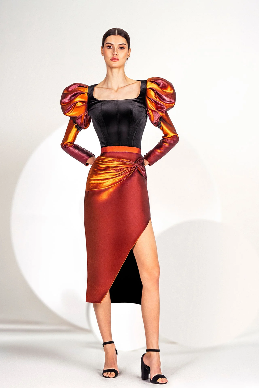 Gatti Nolli By Marwan Long Juliet Sleeve Top With Asymmetrical Skirt (US 18)