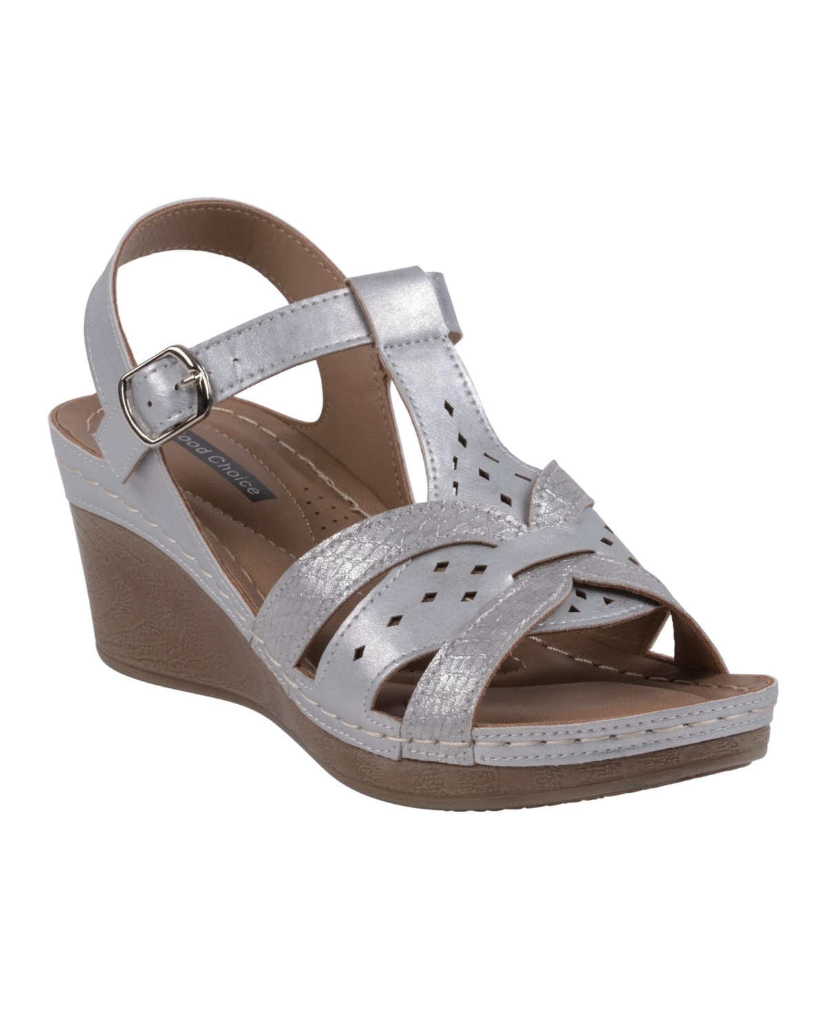 Gc Shoes Women's Darry Perforated T-Strap Slingback Wedge Sandals - Silver