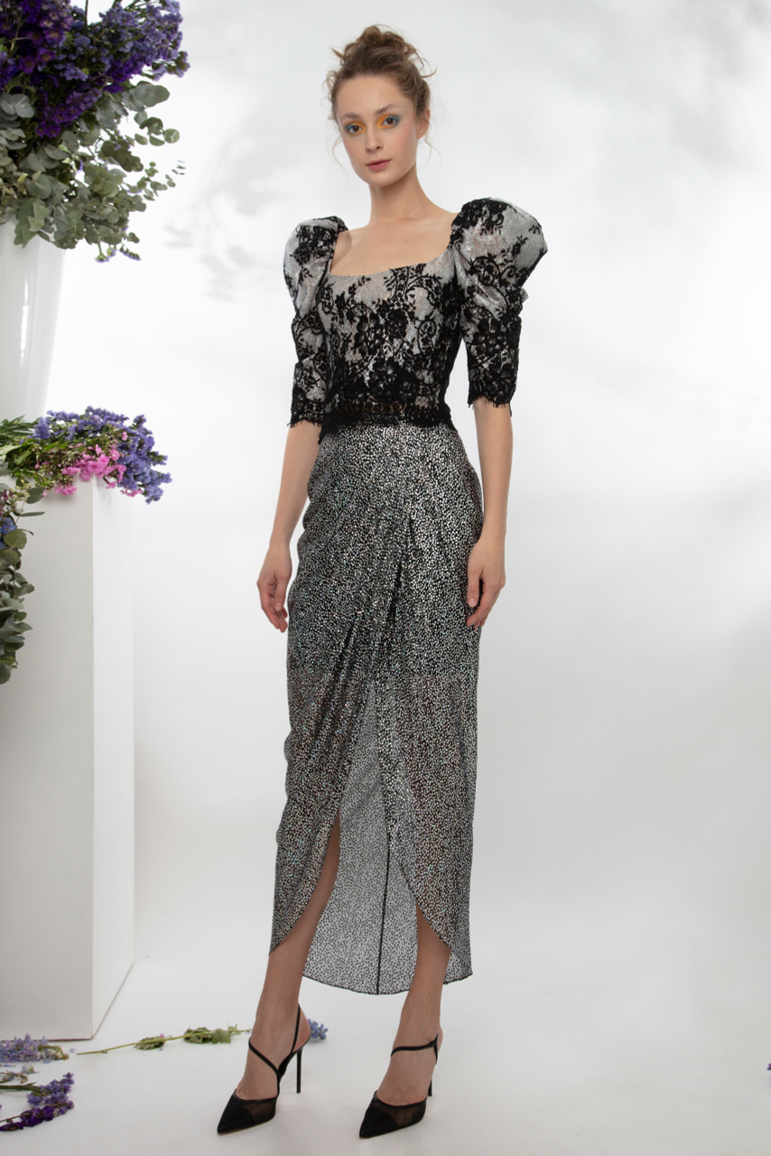 Gemy Maalouf Lace Corset-Like Top And Shimmery Skirt (US 6)