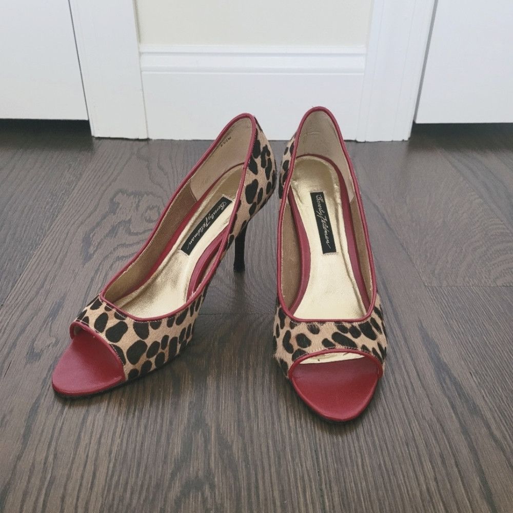 Genuine Leather Beverly Feldman Leopard Calf Hair Patent Peep-Toe Pumps Shoes in Tan/Black/Red, Women's (Size 8.5)