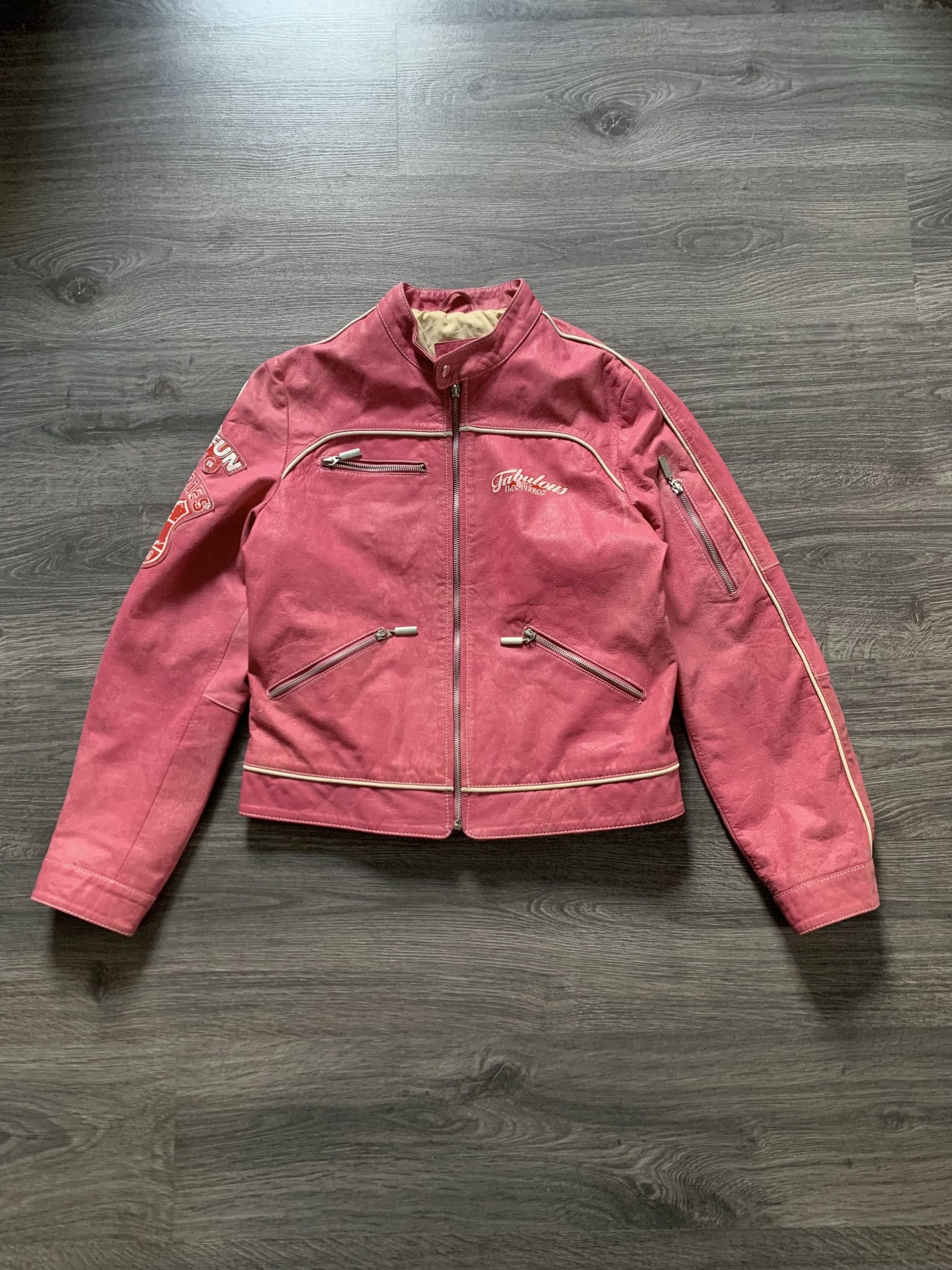 Genuine Leather x Racing Pink Vintage Y2K Mustang Leather Jacket Women Moto in Pink/Red (Size Large)