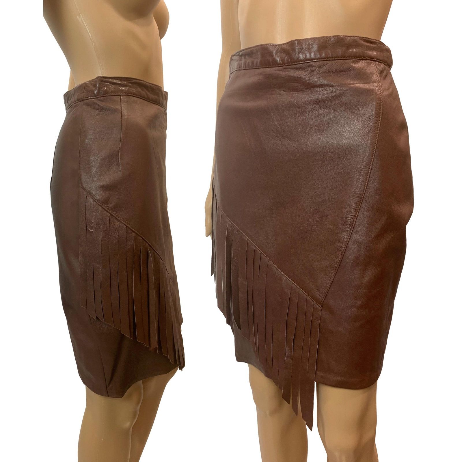 Genuine Leather x Vintage Y2K Brown Asymmetrical Leather Fringe Skirt | W 26", Women's