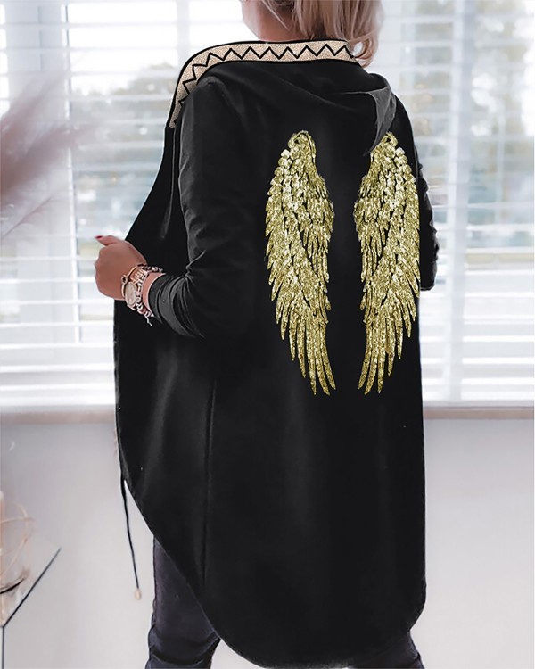 Geometric Wings Pattern Contrast Sequin Asymmetrical Coat Oversized Zip Up Hooded Jacket