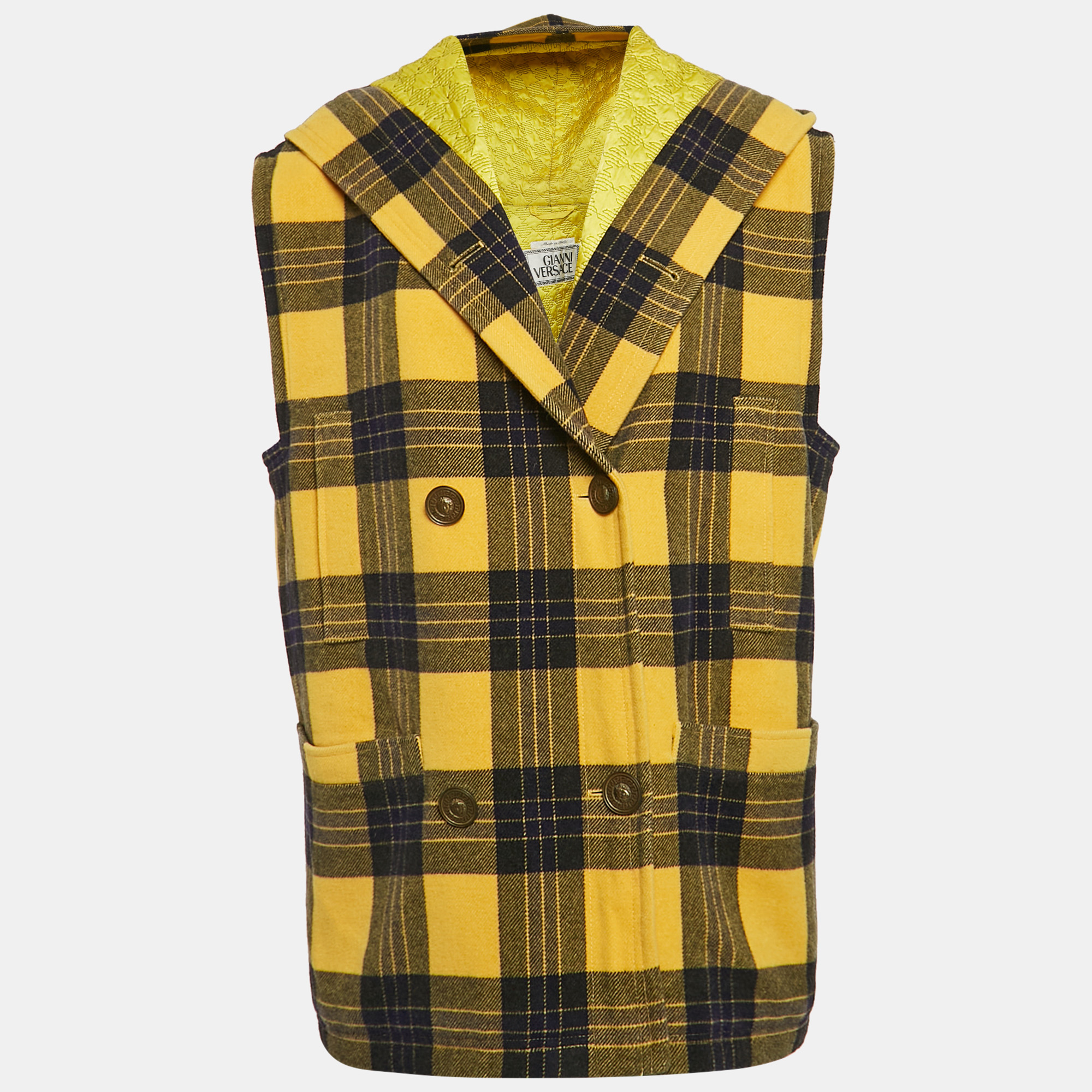 Gianni Versace Yellow Plaid Wool Hooded Coat M