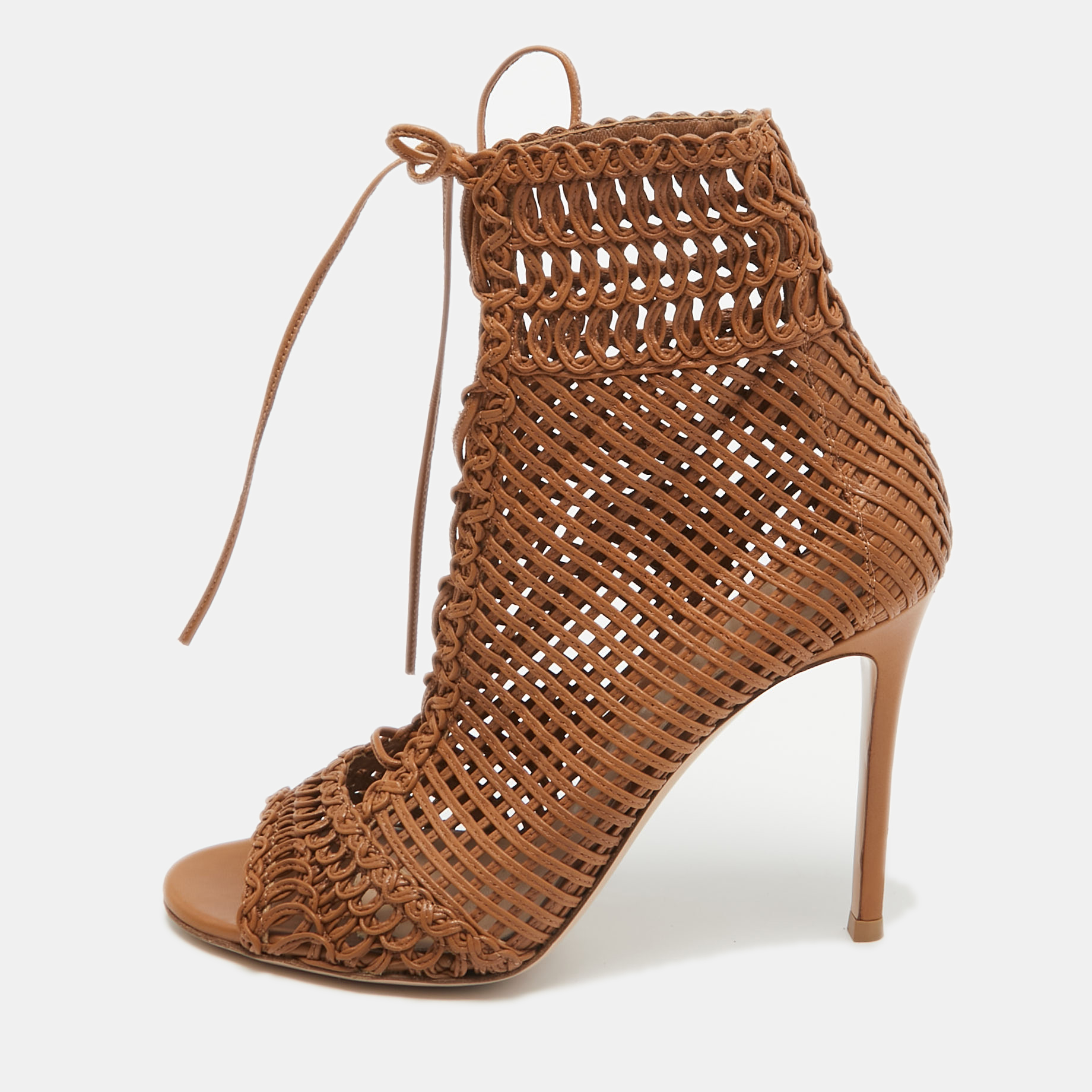 Gianvito Rossi Brown Woven Leather Lace Up Ankle Boots Size 38.5