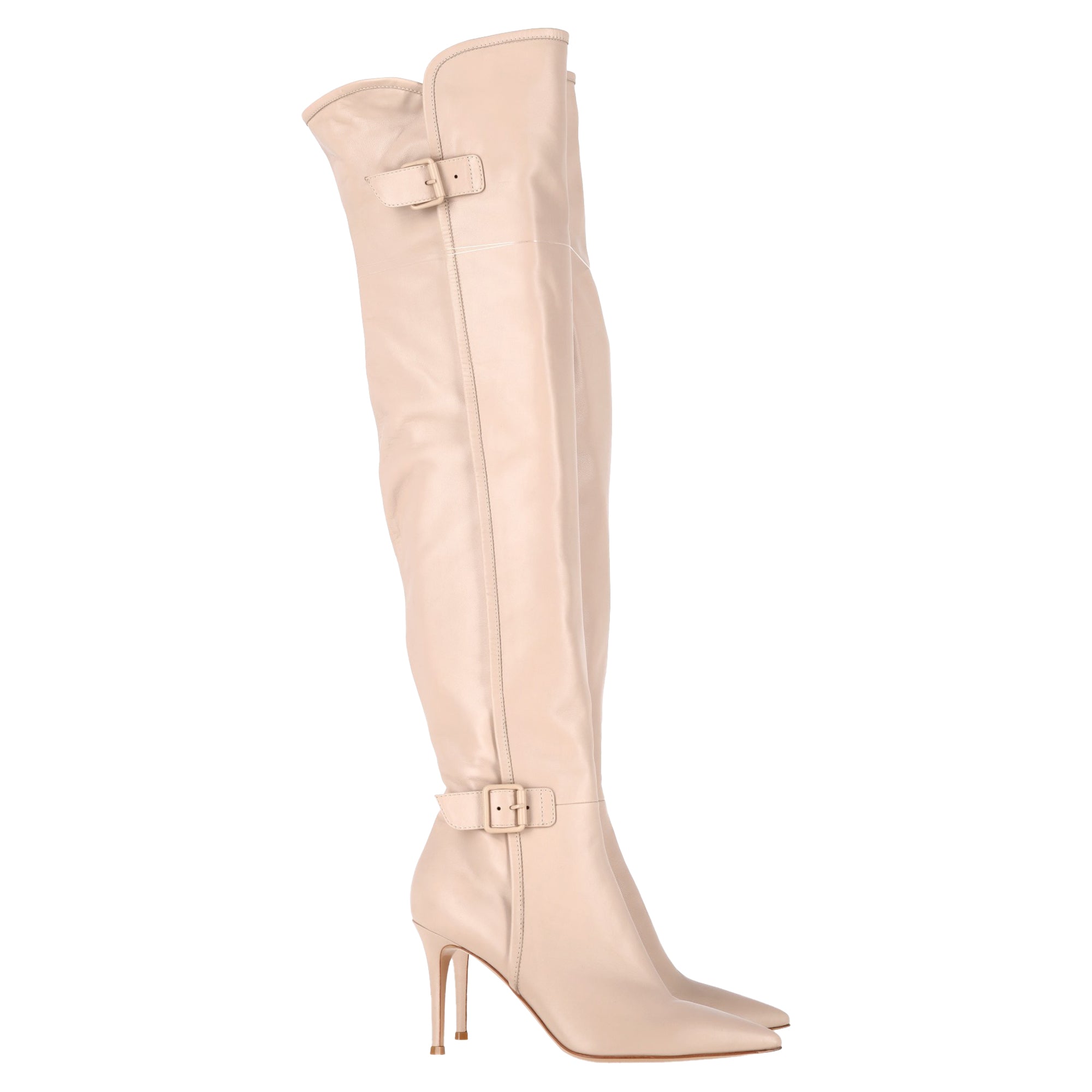 Gianvito Rossi Buckle Detail Over-The-Knee Heeled Boots in Nude Leather