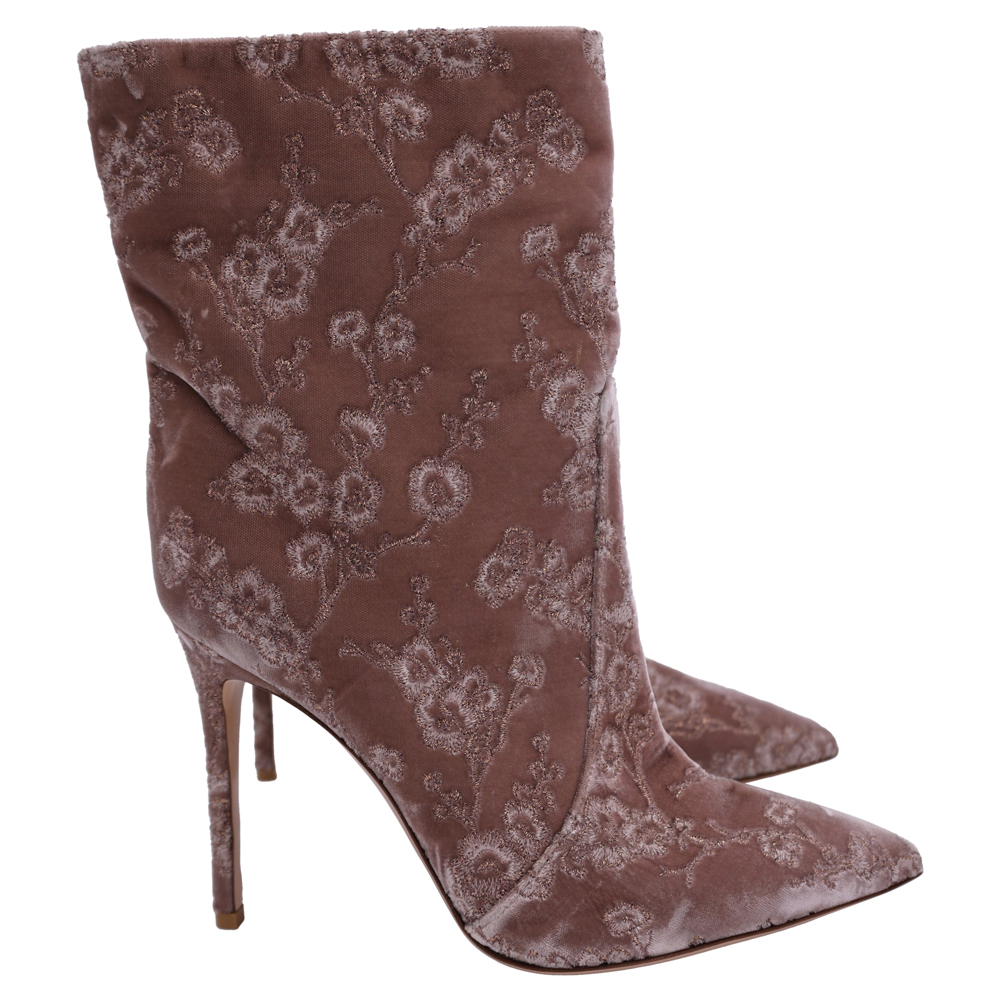 Gianvito Rossi Embroidered Ankle Boots in Pink Velvet