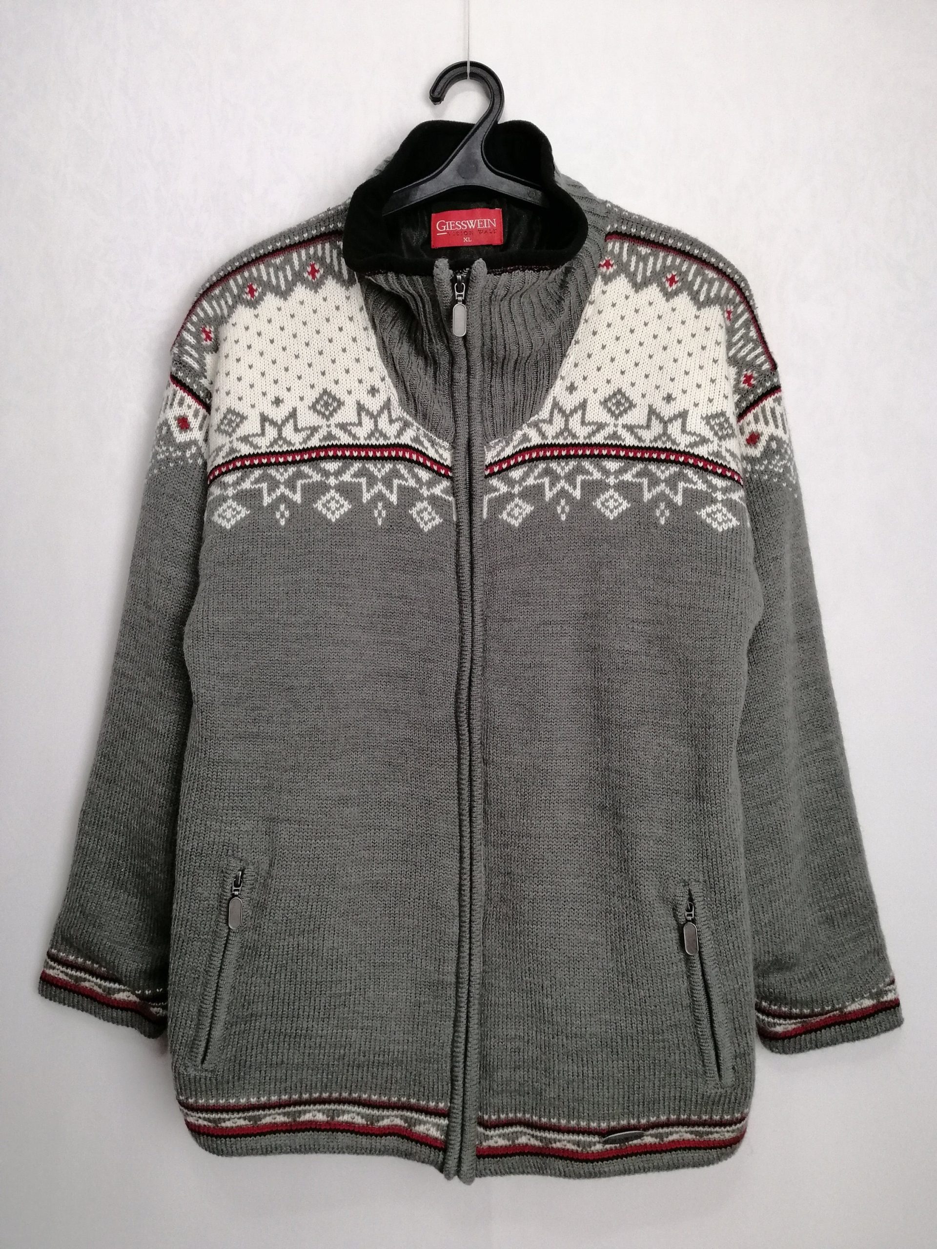 Giesswein Full Zip Sweater, Nordic Pattern Fleece Jacket, Norwegian Ski Scandinavian Wool Snowflake Warm Size Xl