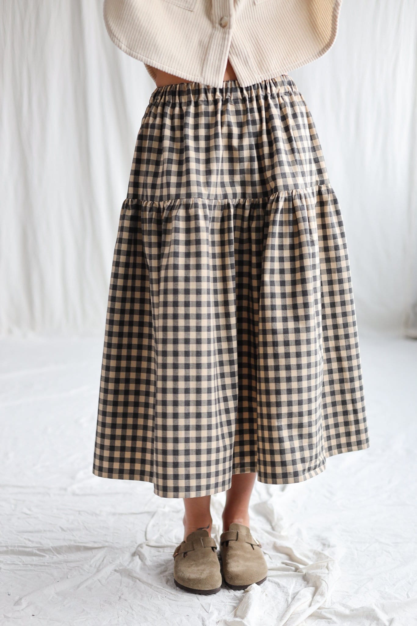 Gingham Organic Cotton Tiered Skirt With Elasticated Waist Offon Clothing