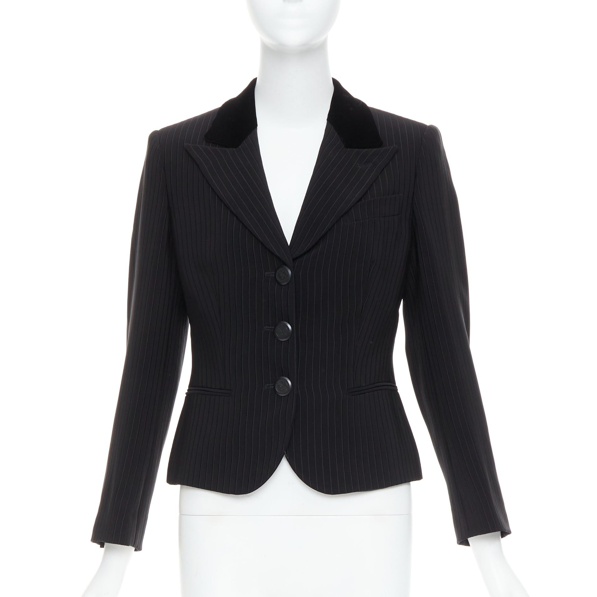 Giorgio Armani Black Pinstripe Velvet Trim Cropped Tuxedo Blazer It40 S, Women's (Size Small)