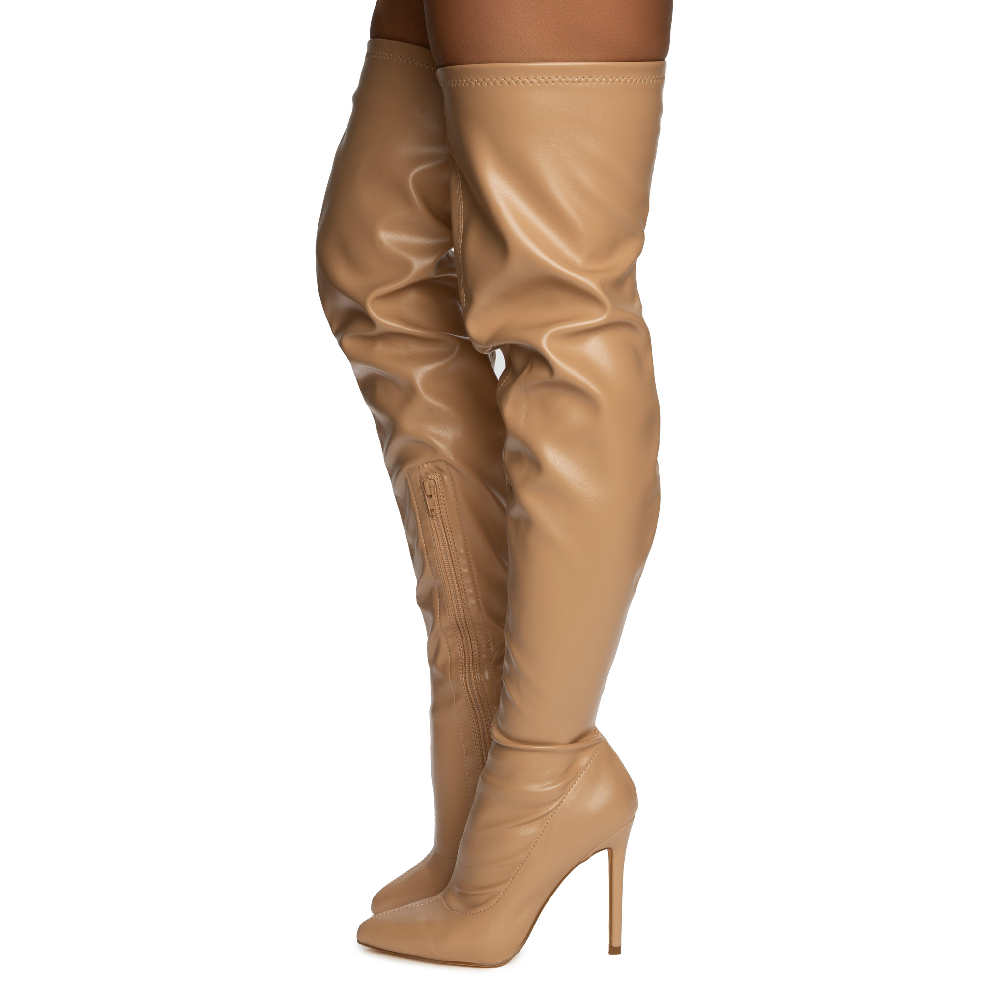 Gisele-7 Thigh High Heeled Boots Nude PU