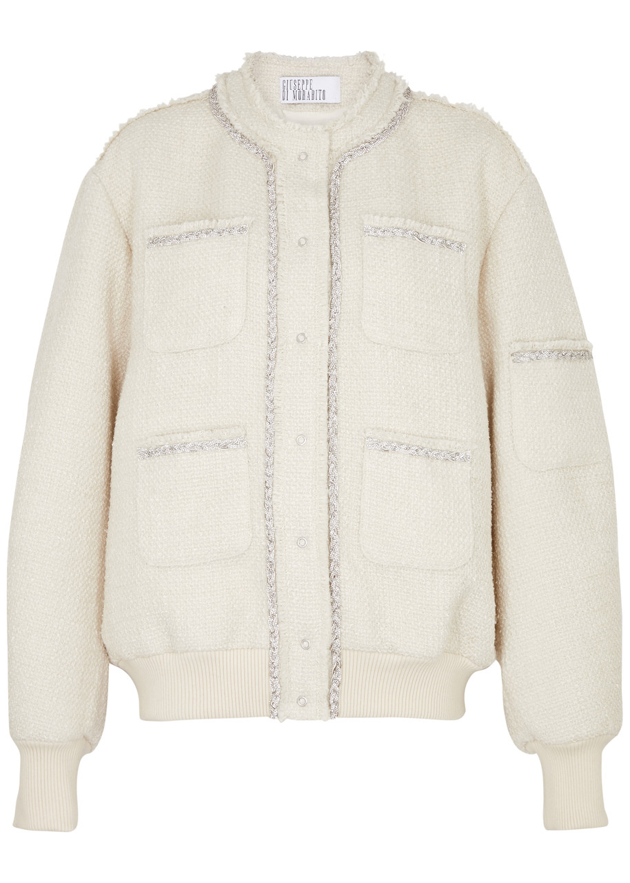 Giuseppe DI Morabito Crystal-embellished Tweed Bomber Jacket - White - 40 (UK8 / S)