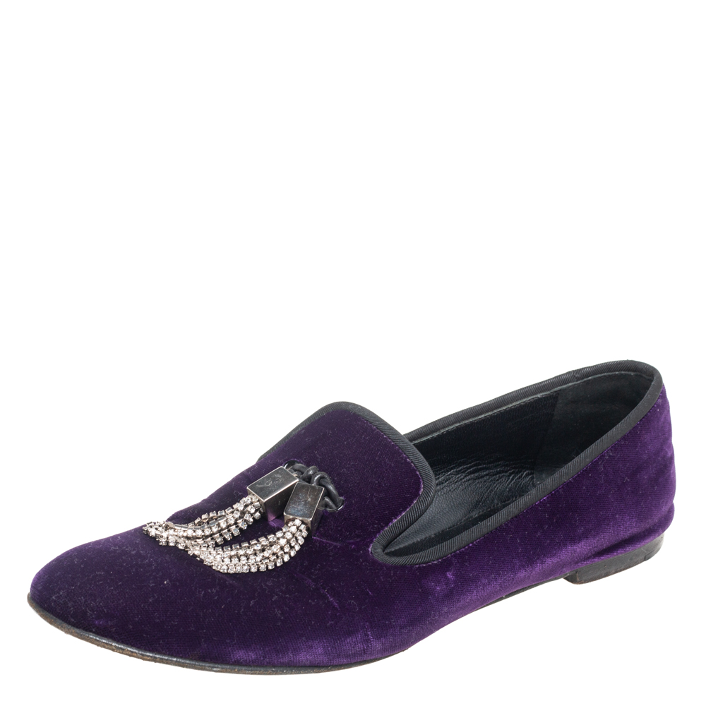 Giuseppe Zanotti Purple Velvet Embellished Slip on Loafers Size 38