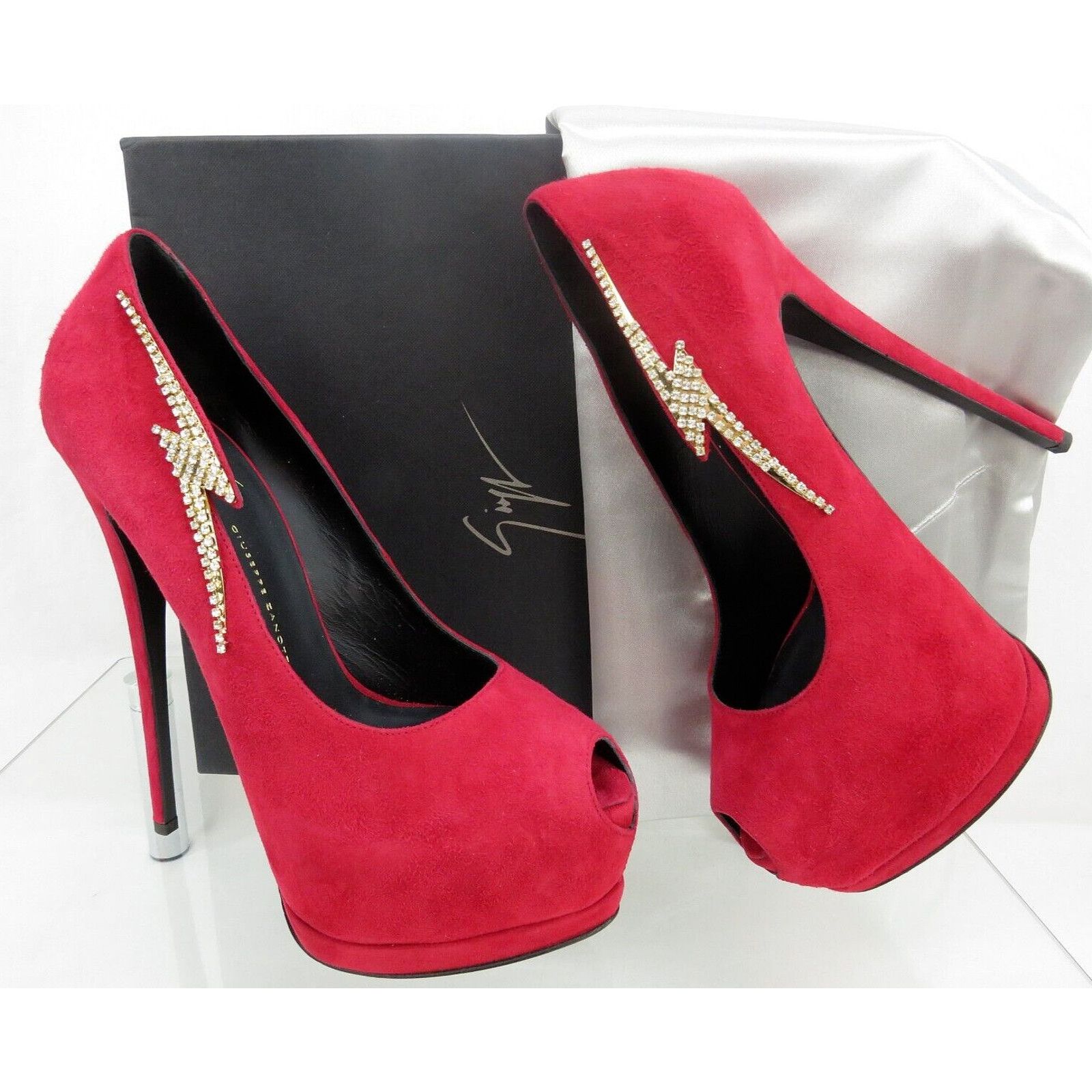 Giuseppe Zanotti Sharon 115 Red Suede Crystals Lightning Platform Pumps 39 Shoes, Women's