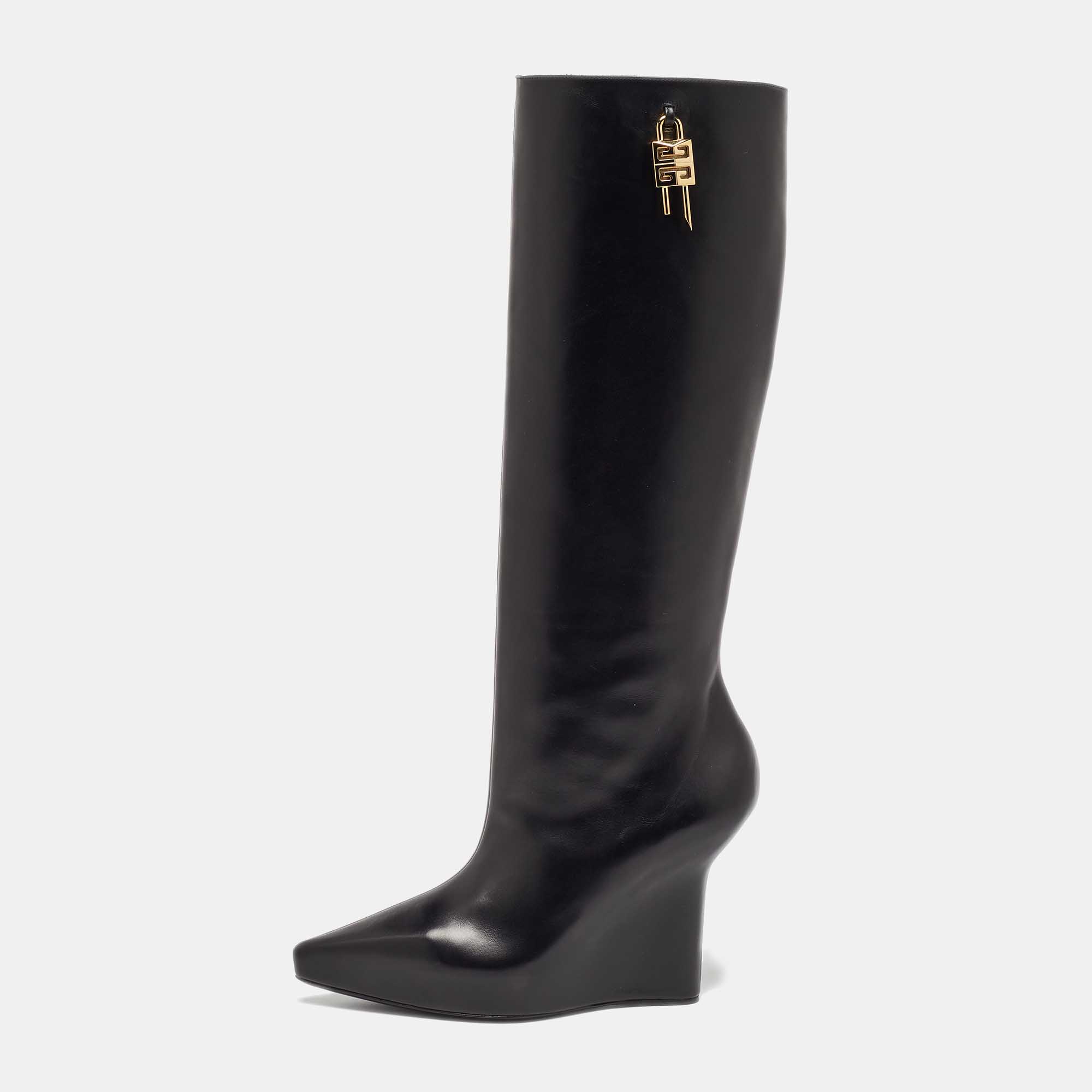 Givenchy Black Leather Wedge Knee Length Boots Size 37