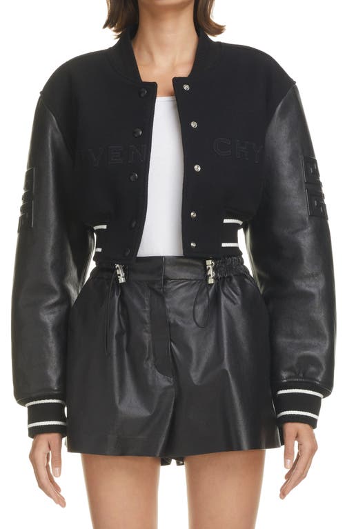 Givenchy Leather Sleeve Logo Crop Varsity Jacket in Black/White at Nordstrom, Size 8 Us