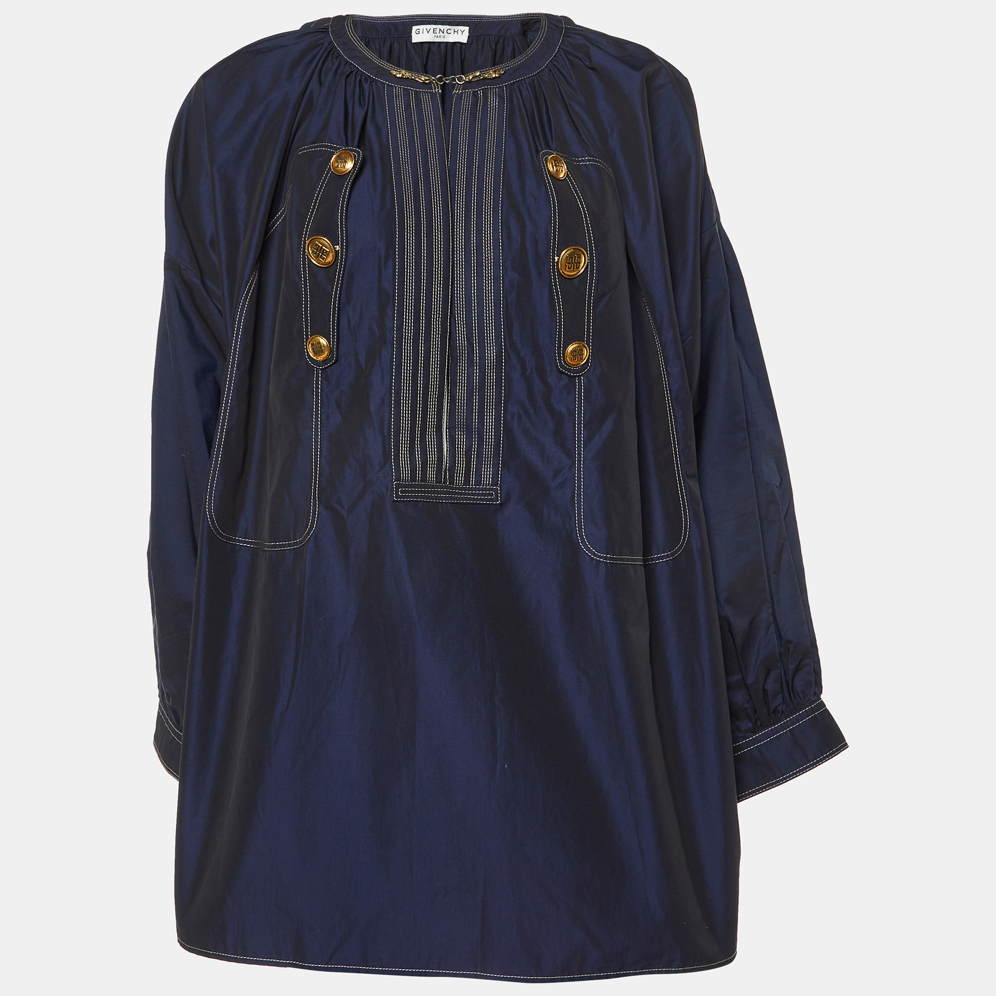 Givenchy Navy Blue Cotton Detailed Hook & Button Blouse L