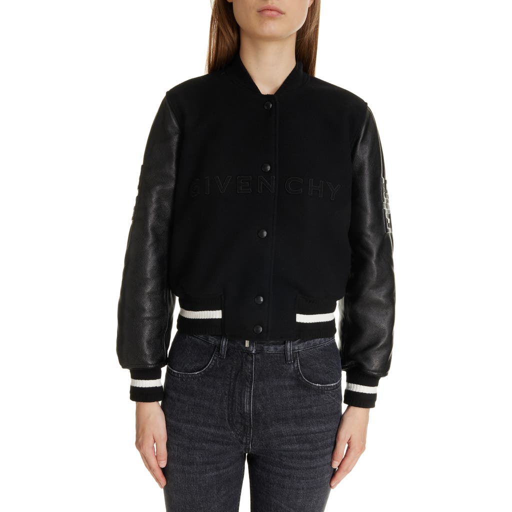 Givenchy Regular Fit Leather & Wool Blend Crop Varsity Jacket in Black/White at Nordstrom, Size 2 Us