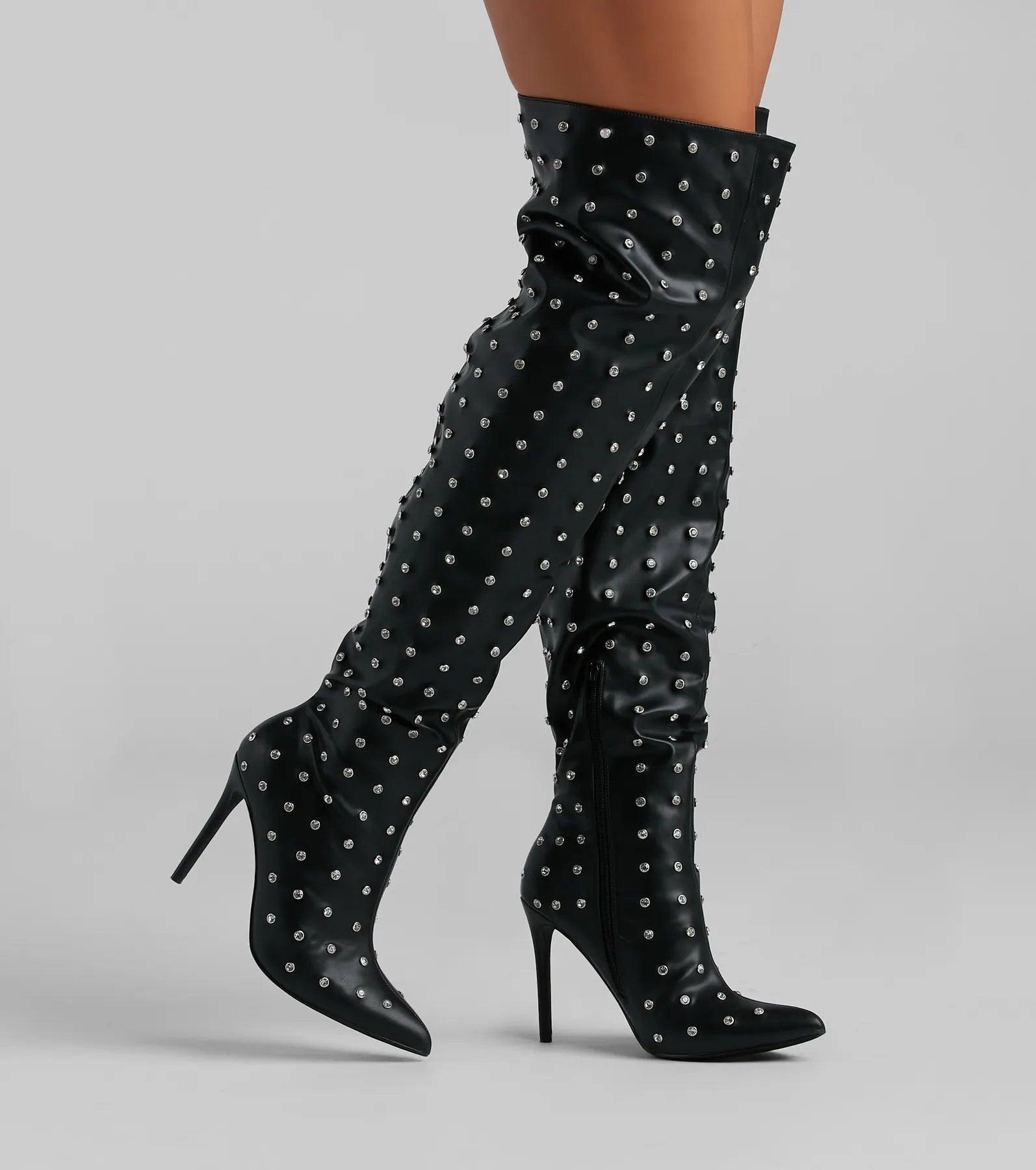 Glam Allure Rhinestone Faux Leather Over-The-Knee Boots