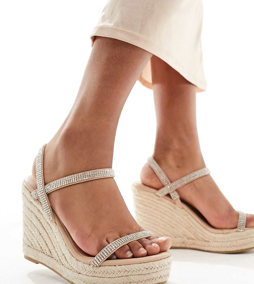 Glamorous Wide Fit espadrille wedge heeled sandals in silver diamante