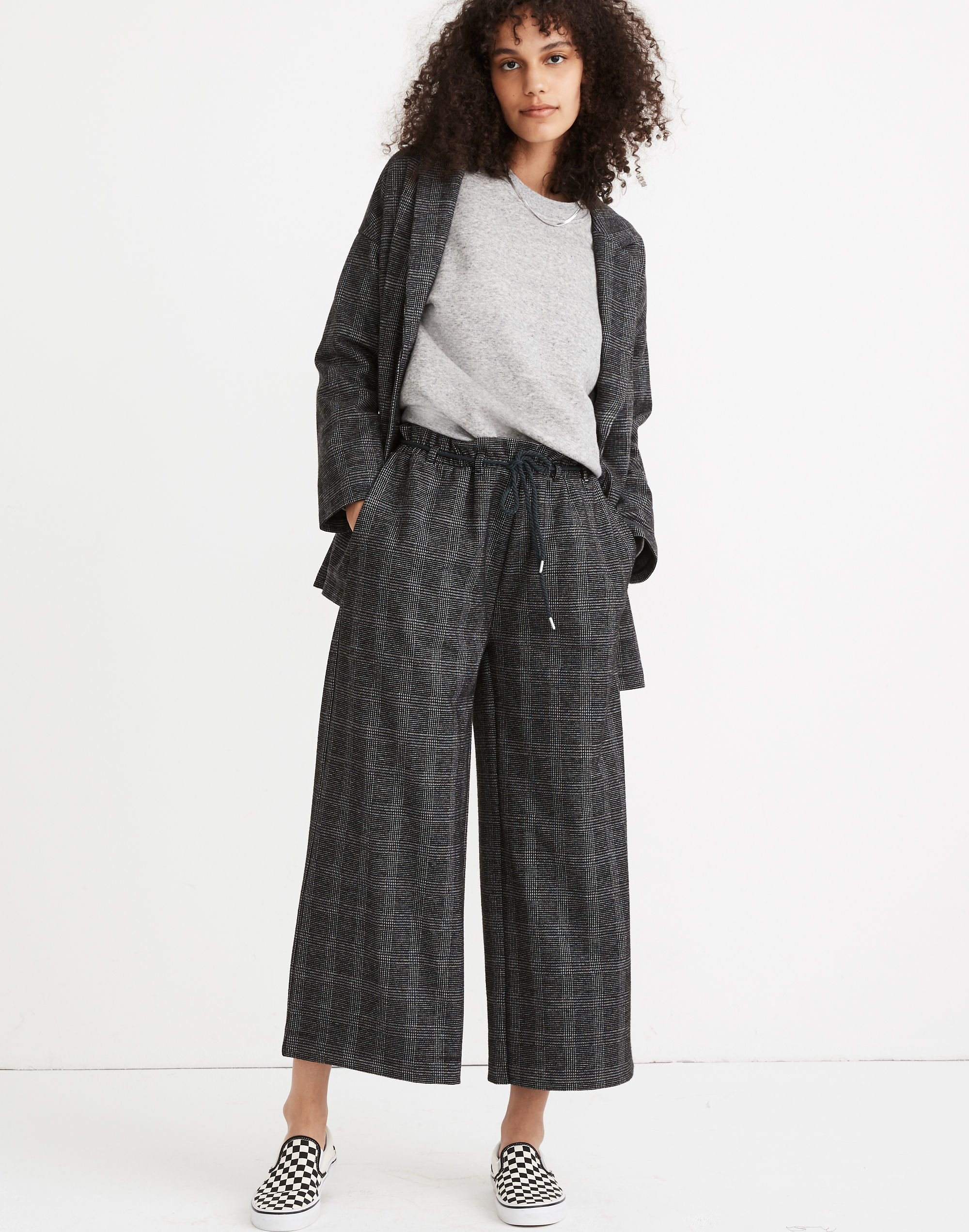 Glen Plaid Knit Wide-Leg Crop Pants