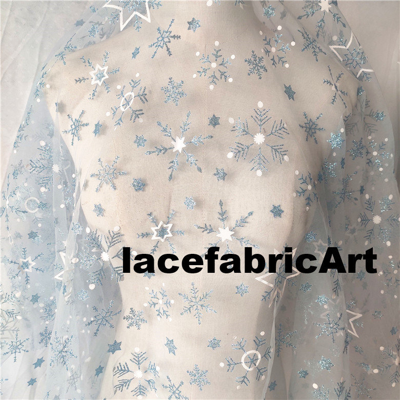 Glitter Light Blue Sequin Soft Tulle Snowflake Mesh Lace Fabric Floral For Baby Dress Ball Gown Wedding Top 59" Width