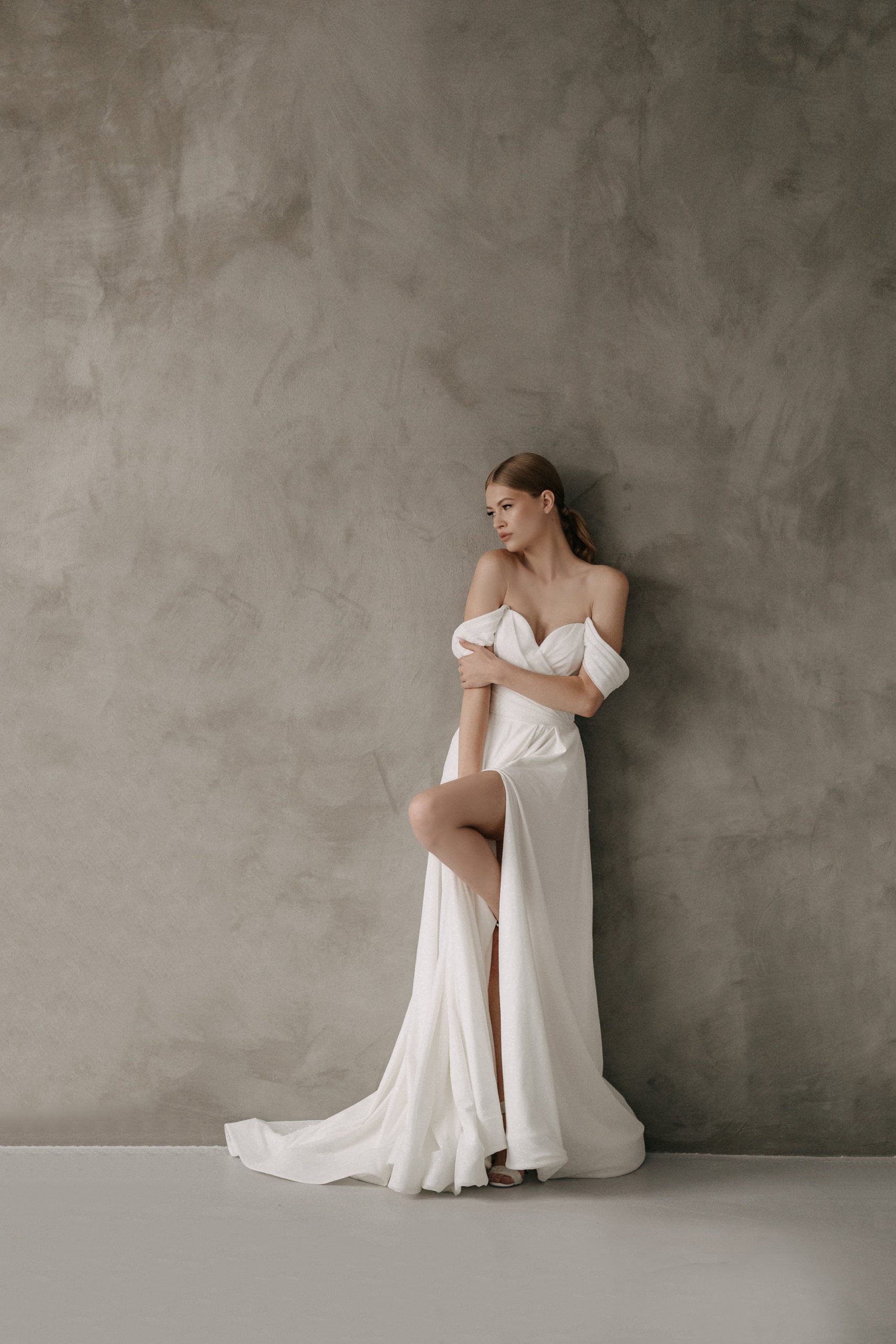 Glitter Wedding Dress. Leg Slit Elegant Dress Chic Long Train. Style Irene