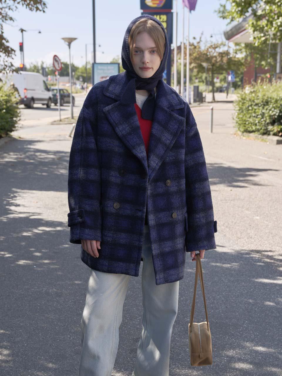 Godmorgen Double Boucle Pea Coat (Navy Check)