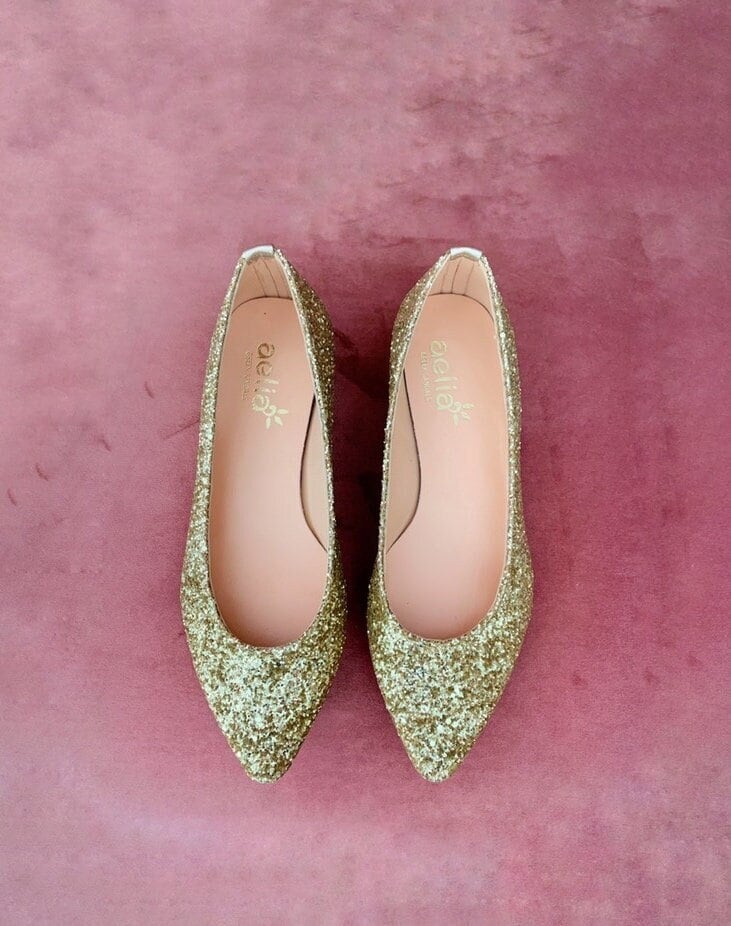 Gold Glitter Wedding Flats, Shoes Ballet Flats, Bridesmaid, Bridal, Silver Shimmer