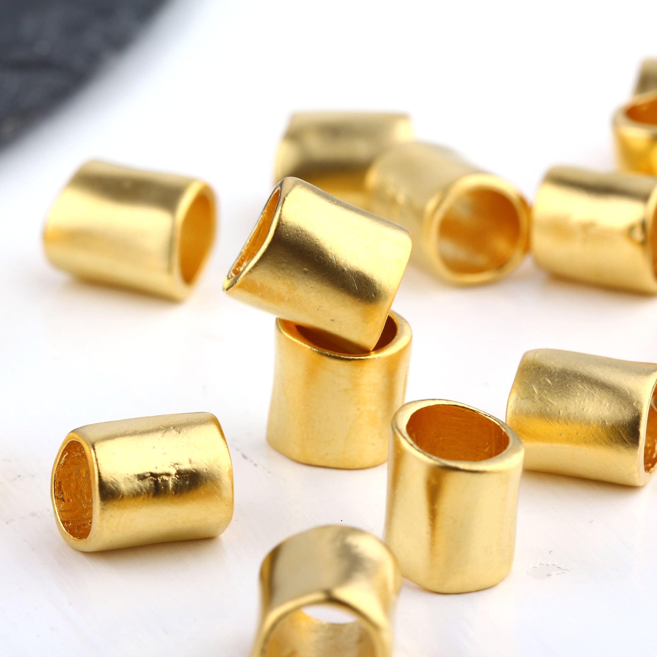 Gold Tube Sliders, Large Hole Bead Cord Slider Beads, Tubular 4 Pieces // Gb-337