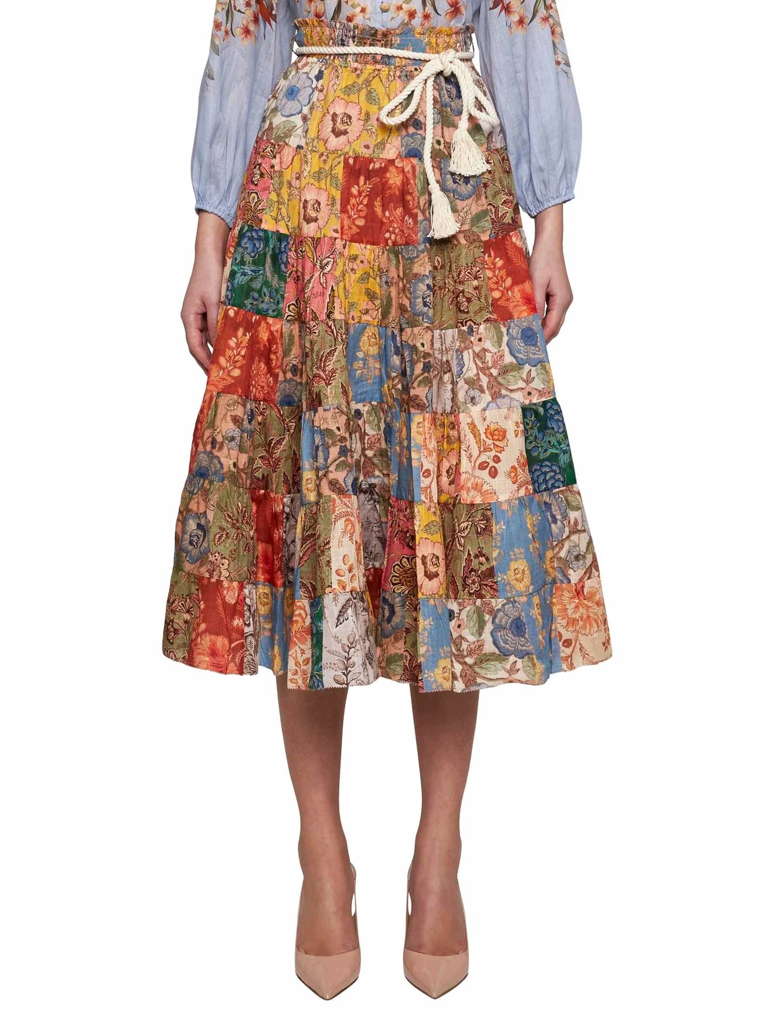 Gonna Junie Tiered Midi Skirt In Patch Floral