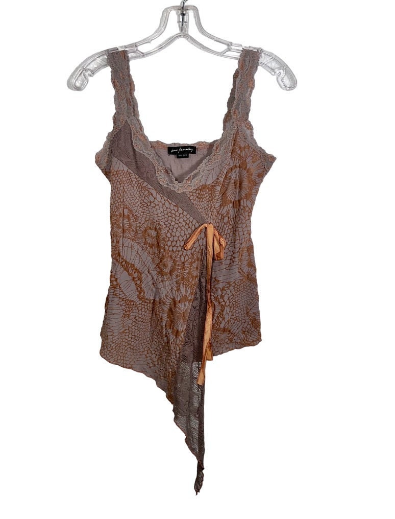 Gorgeous Vintage Ann Ferriday Flocked Mesh & Lace Asymmetrical Top Grunge Fairy Os