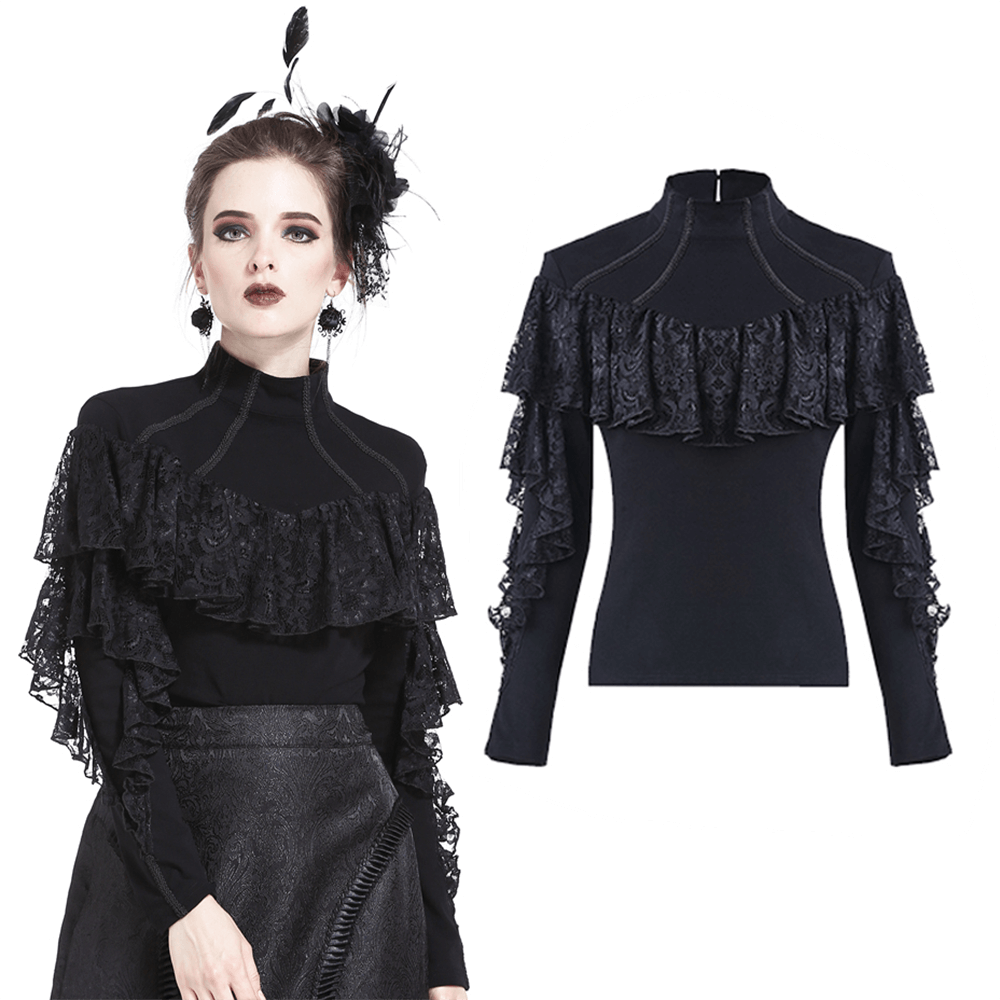 Goth Fashion Knit Top with Lace Long Sleeves for Women