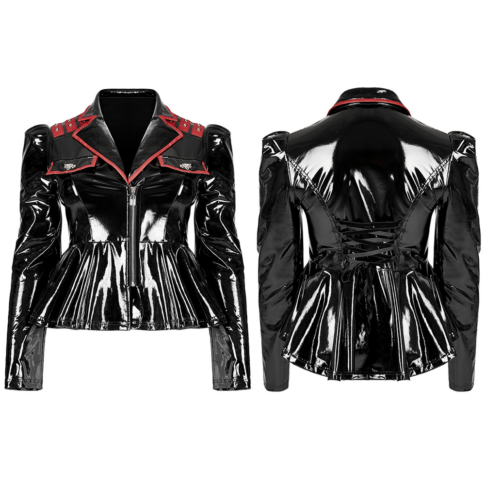 Goth Punk Faux Leather Jacket Red Patent Pleated Lapel