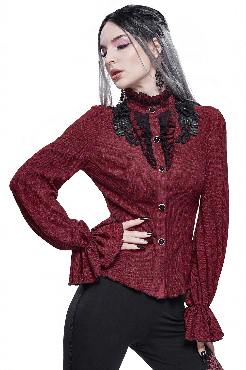 Gothic Appliqued Wine Red Blouse with Buttons / Women's Flared Sleeves Striped Shirts