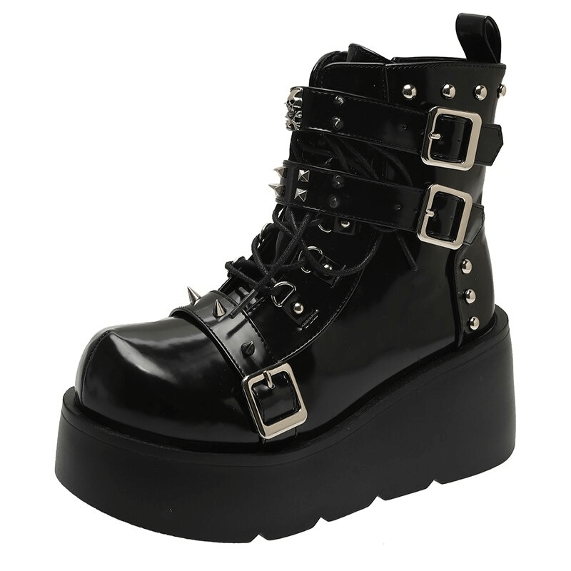 Gothic Buckles Platform Ankle Boots / Fashion Rivets Lace-Up Punk Shoes for Women