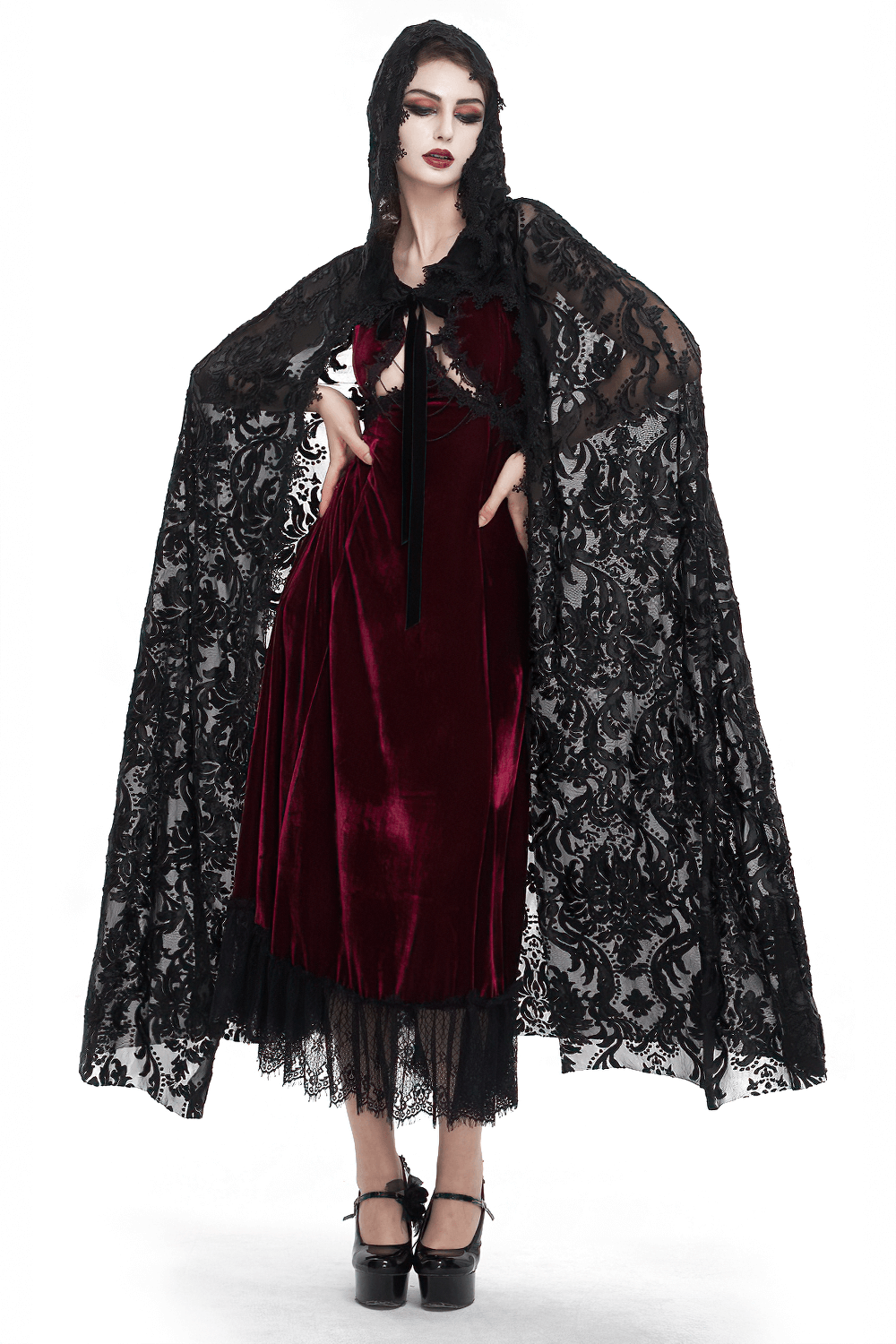 Gothic Embroidery Loose Cape WIth Hood / Long Lace Coat With Tie On Front