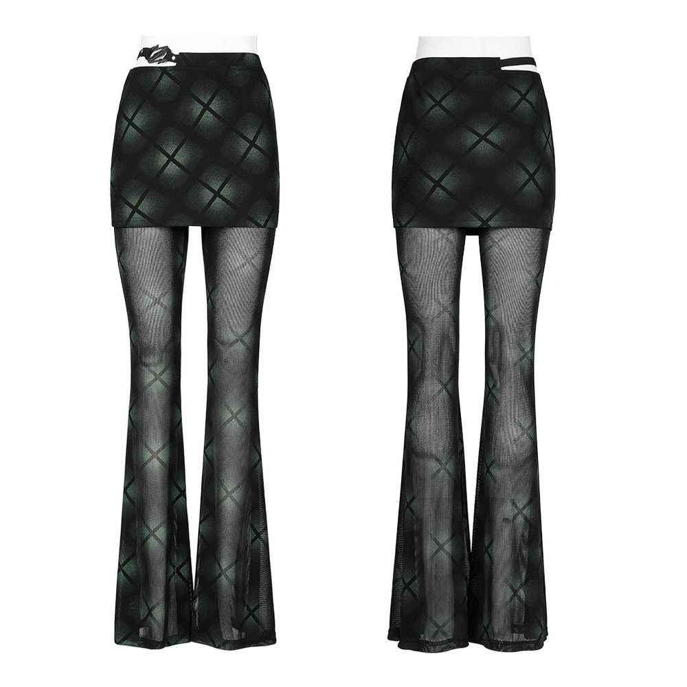 Gothic Plaid Mesh Flared Skirt-Pants With S-Shaped Buckle