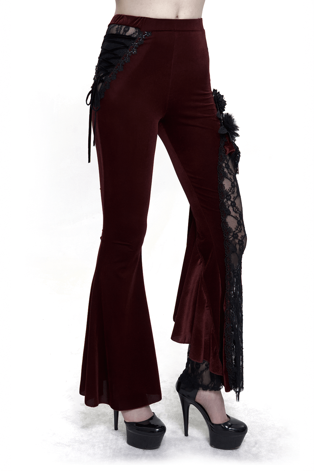 Gothic Wine Red Lace Flower Flared Trousers / Women's Sexy Pants with Lace-Up Accents on Side