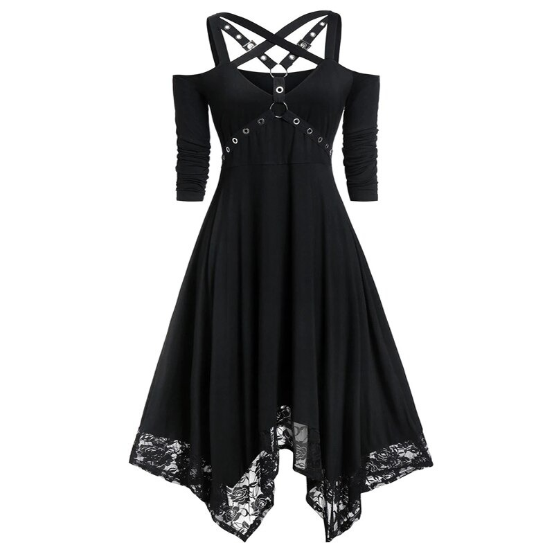 Gothic Women's Dress with Shoulder Bandage Ruffle / Luxury High Waist A-line Dresses