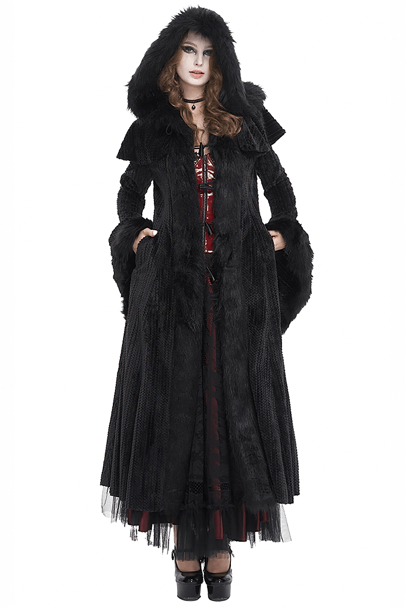 Gothic Women's Flared Sleeved Fluffy Coat with Hood / Vintage Warm Long Cape Coat