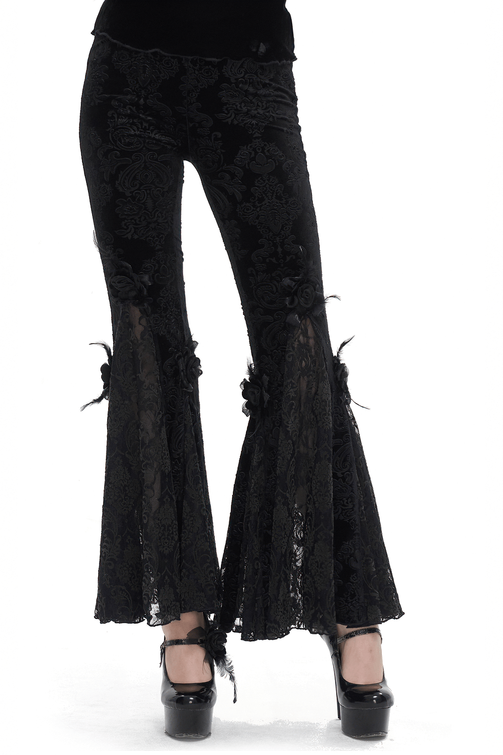 Gothic Women's Pattern Lace Flared Pants With Flower Decoration